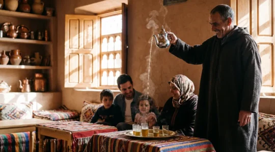 Famille berbère accueillant des voyageurs avec le thé traditionnel dans une maison de montagne de l'Atlas