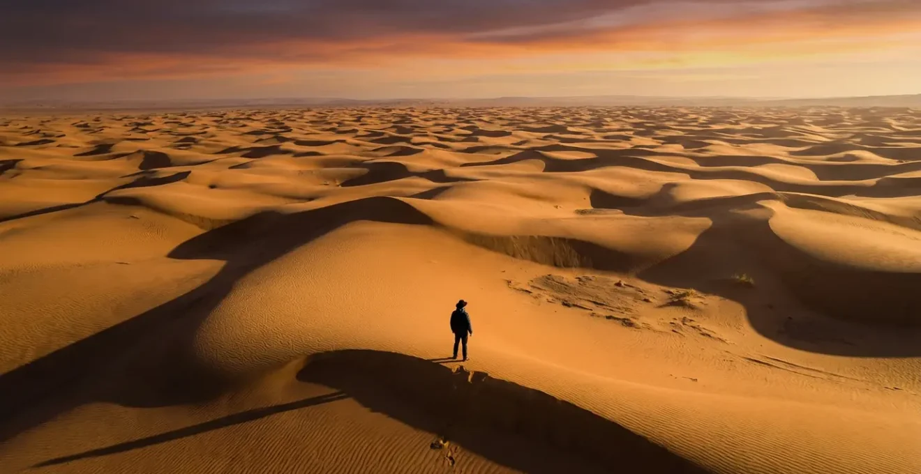 Silhouette solitaire contemplant l'immensité des dunes dorées au lever du soleil dans le Sahara