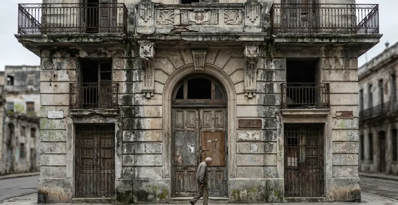 Façade délabrée d'un immeuble Art déco abandonné avec ferronneries rouillées et murs rongés par l'humidité