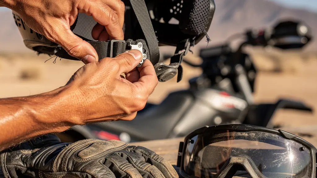 Guide professionnel vérifiant méticuleusement l'état d'un casque de quad et d'équipements de protection