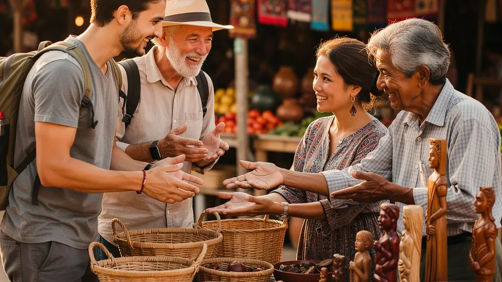 Échange chaleureux entre voyageurs et habitants locaux sur un marché traditionnel