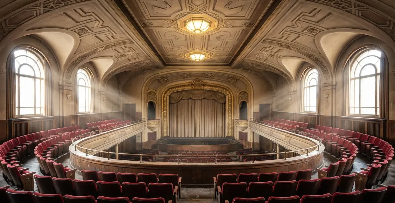 Vue intérieure du cinéma Rialto montrant les balcons courbes et l'architecture Art déco préservée