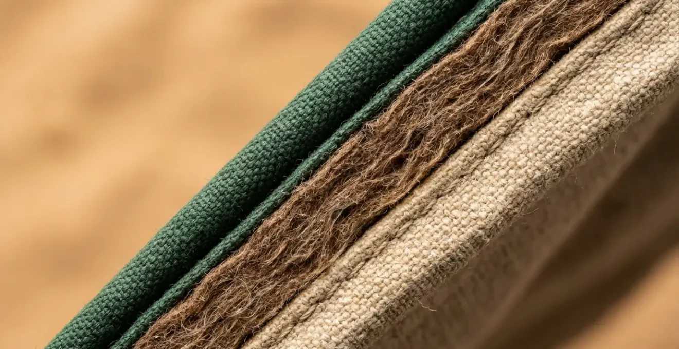 Coupe transversale d'une tente de luxe montrant les couches d'isolation thermique et phonique pour le désert