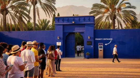 Touristes attendant devant l'entrée du Jardin Majorelle de Marrakech avec leurs smartphones pour présenter leurs billets électroniques