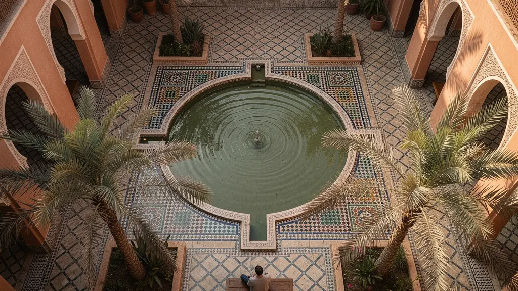 Vue panoramique d'un jardin islamique traditionnel avec fontaine centrale et visiteur solitaire contemplant l'architecture