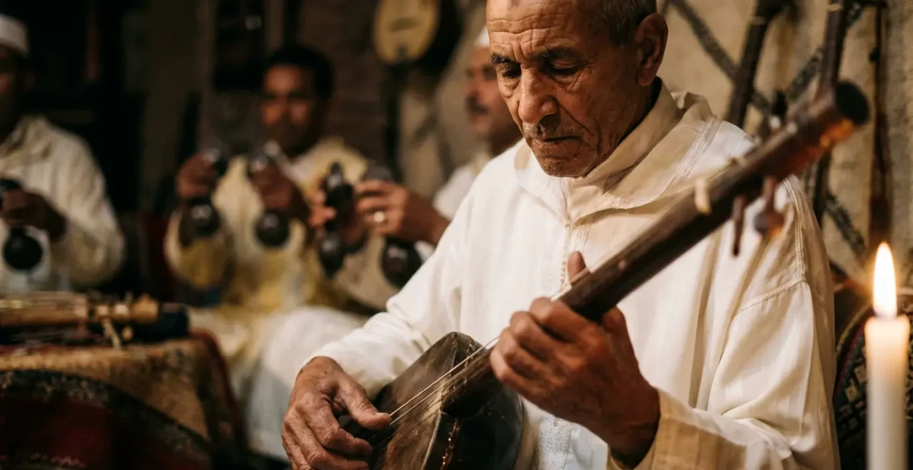 Maâlem gnaoua jouant du guembri lors d'une cérémonie lila intime dans un riad