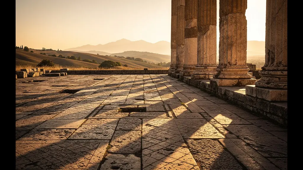Colonnes romaines baignées dans la lumière dorée du soleil couchant avec ombres dramatiques