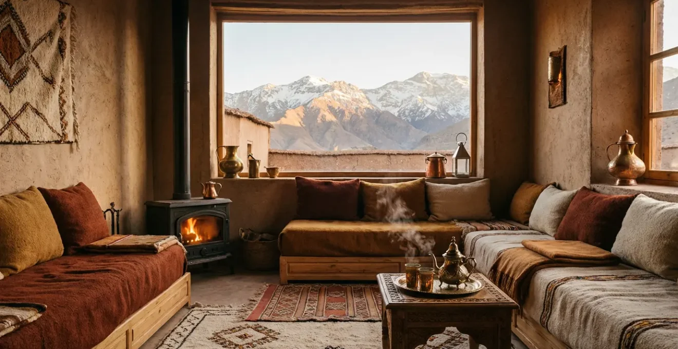 Intérieur chaleureux d'une maison d'hôtes dans l'Atlas marocain avec vue sur les montagnes enneigées