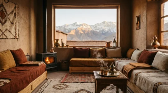 Intérieur chaleureux d'une maison d'hôtes dans l'Atlas marocain avec vue sur les montagnes enneigées