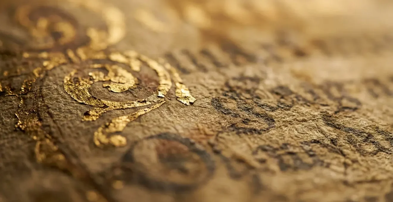 Détail en macro d'un manuscrit ancien avec calligraphie arabe et enluminures dorées