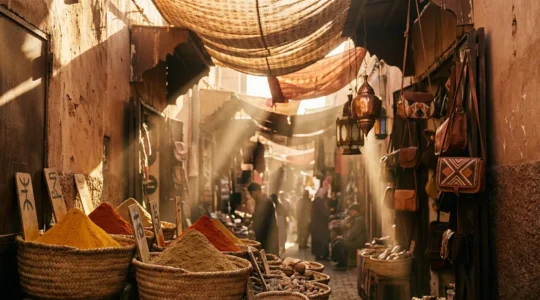 Vue immersive d'une ruelle animée du souk de Marrakech avec épices et artisanat