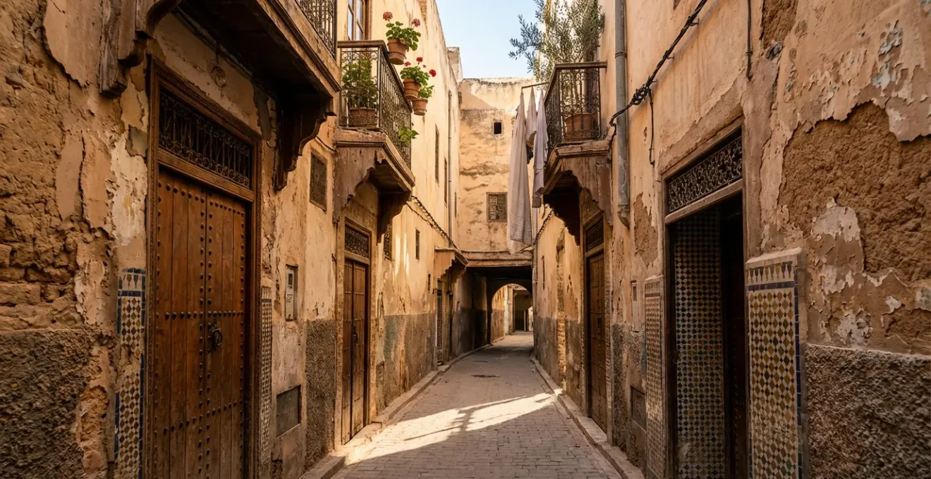 Ruelle étroite de médina avec des murs en pisé et des ornements traditionnels