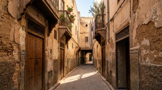 Ruelle étroite de médina avec des murs en pisé et des ornements traditionnels