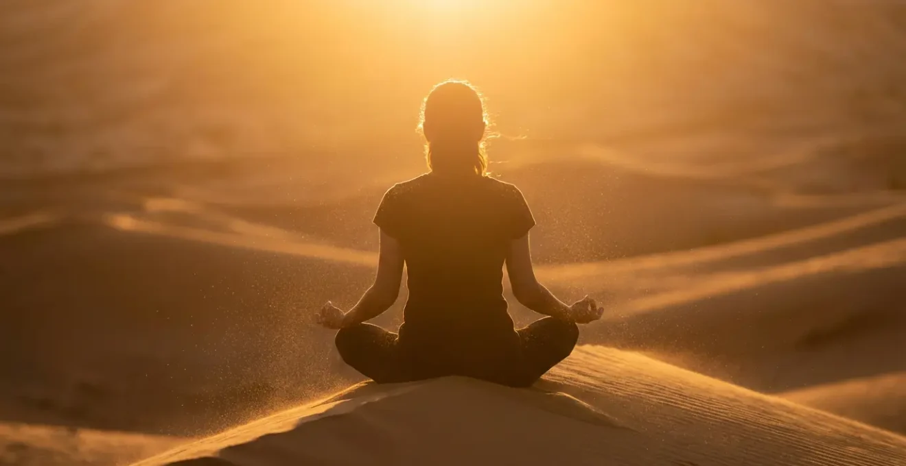 Personne en position de méditation face au lever du soleil sur les dunes dorées