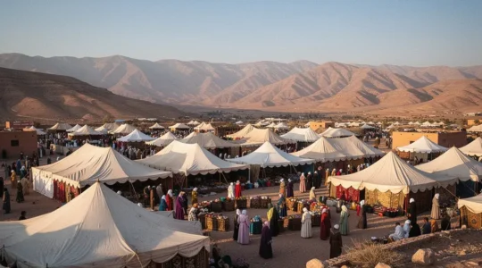 Vue aérienne d'une place de village marocain animée pendant un moussem avec tentes blanches et foule colorée