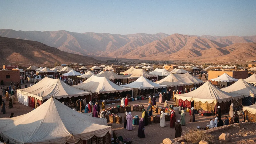 Vue aérienne d'une place de village marocain animée pendant un moussem avec tentes blanches et foule colorée