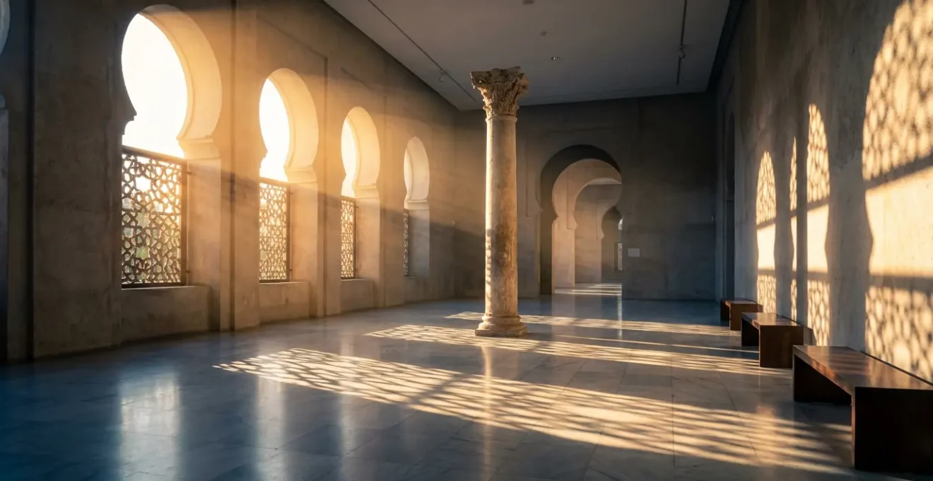 Salle de musée vide baignée de lumière dorée avec colonnes romaines et arcs islamiques