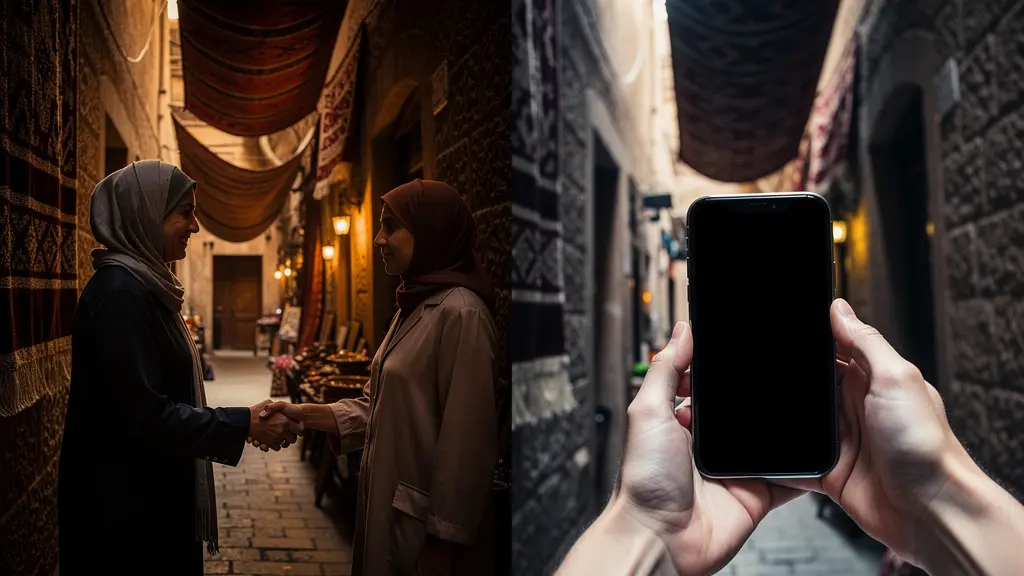 Négociation entre voyageur et guide local dans une ruelle de Fès