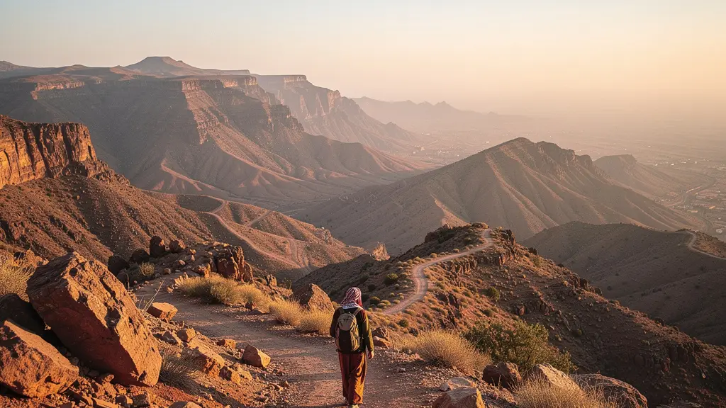 Vue panoramique d'un massif montagneux méconnu du Maroc avec sentiers de randonnée