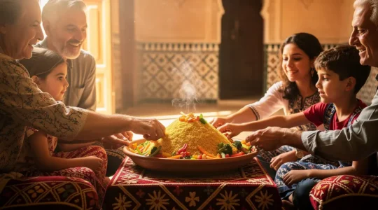 Grande tablée familiale maghébine partageant un couscous traditionnel le vendredi