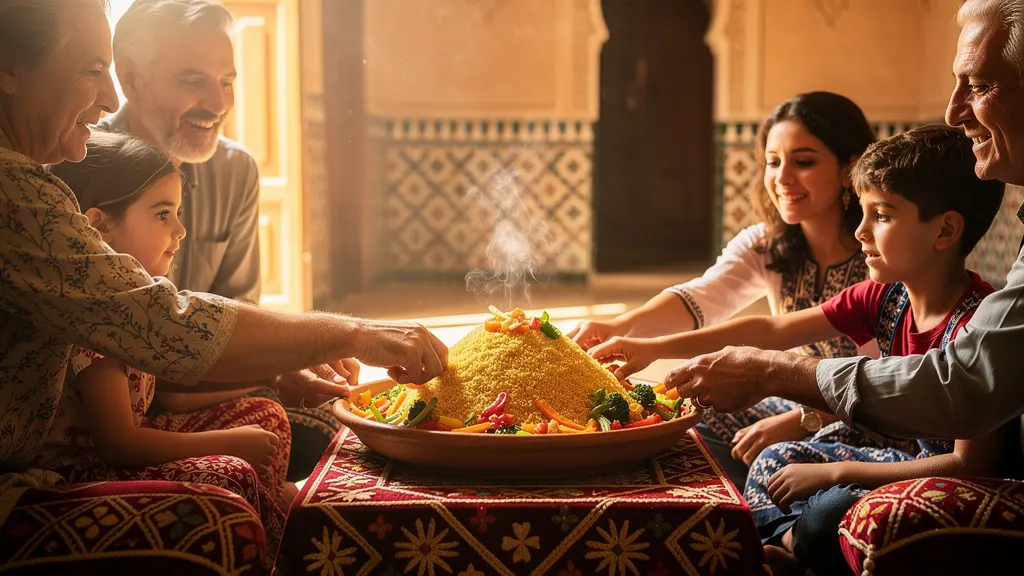 Grande tablée familiale maghébine partageant un couscous traditionnel le vendredi