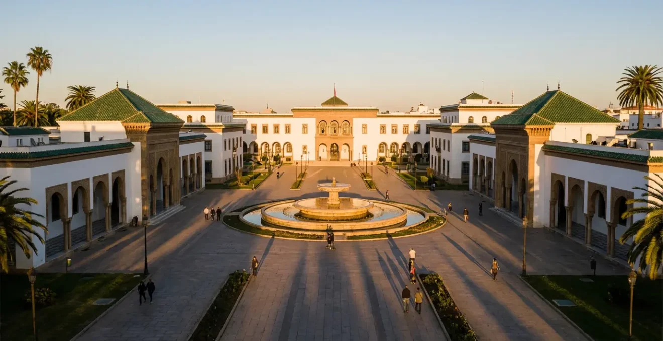 Vue panoramique de la place Mohammed V avec ses bâtiments néo-mauresques et sa fontaine centrale