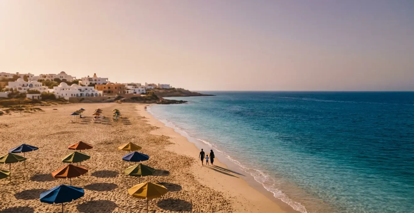 Famille profitant d'une plage calme au Maghreb avec parasols colorés et mer turquoise