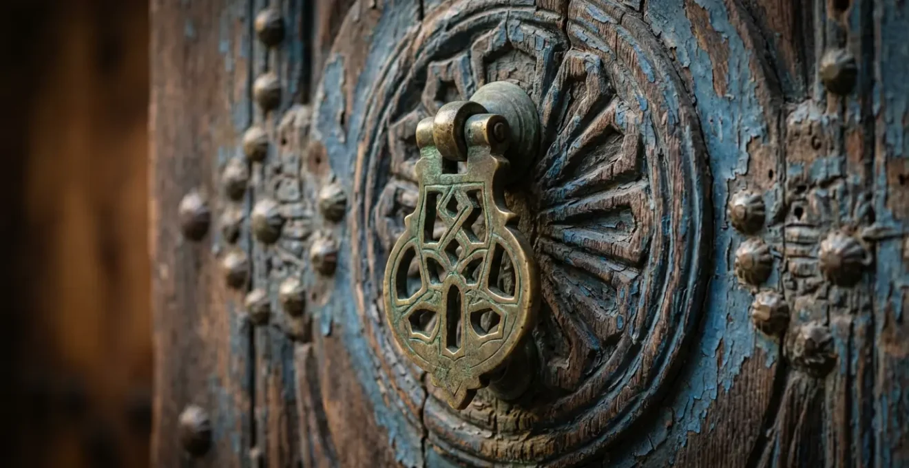 Détails macro d'une porte traditionnelle en bois sculpté de la Casbah avec motifs géométriques
