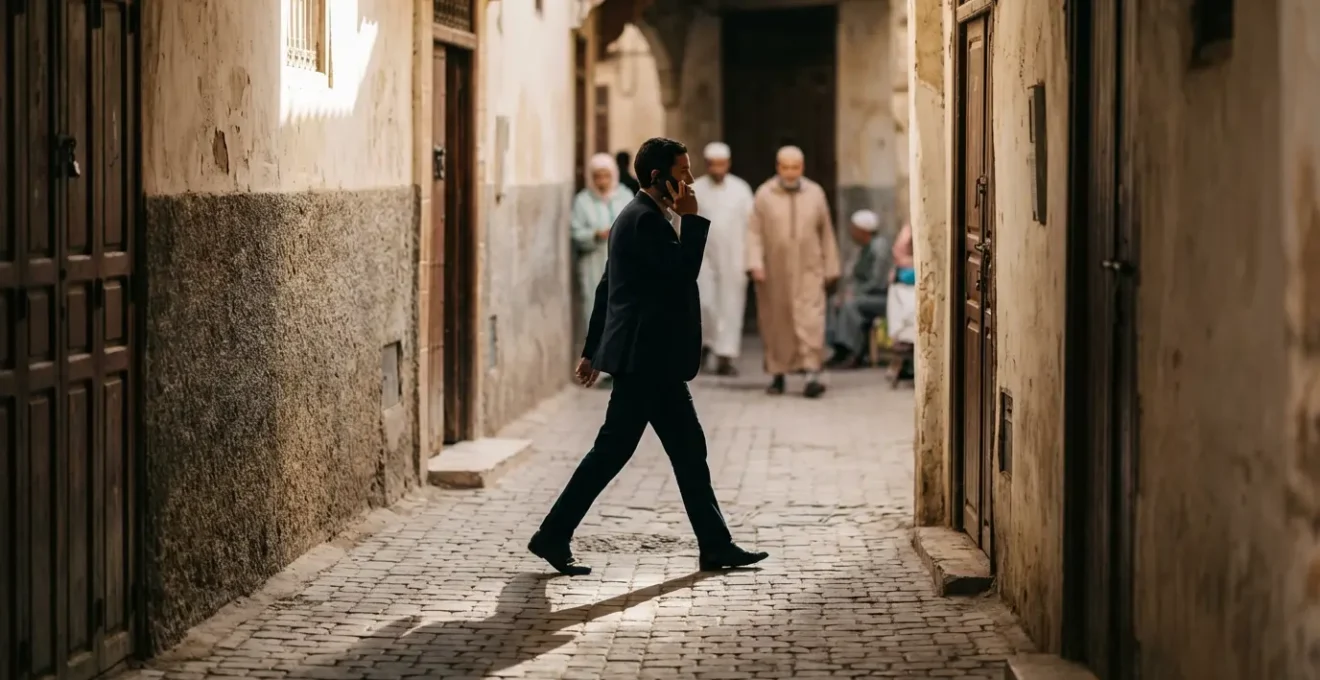 Marcheur confiant traversant une ruelle de médina avec une démarche assurée