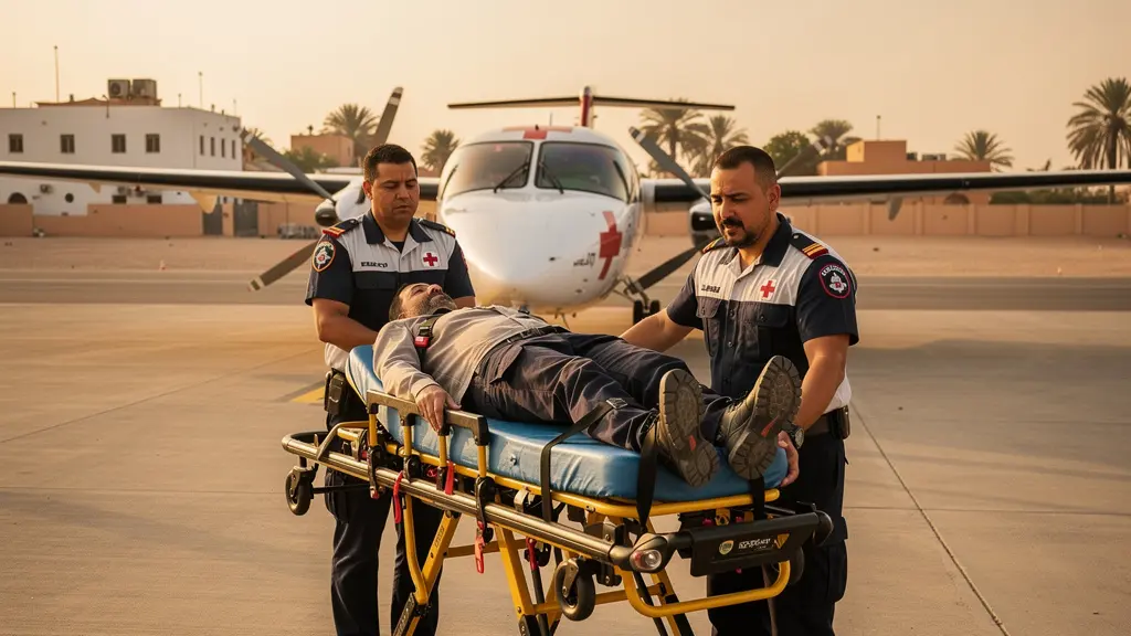 Évacuation sanitaire d'un patient sur civière médicalisée vers un avion ambulance sur le tarmac d'un aéroport nord-africain