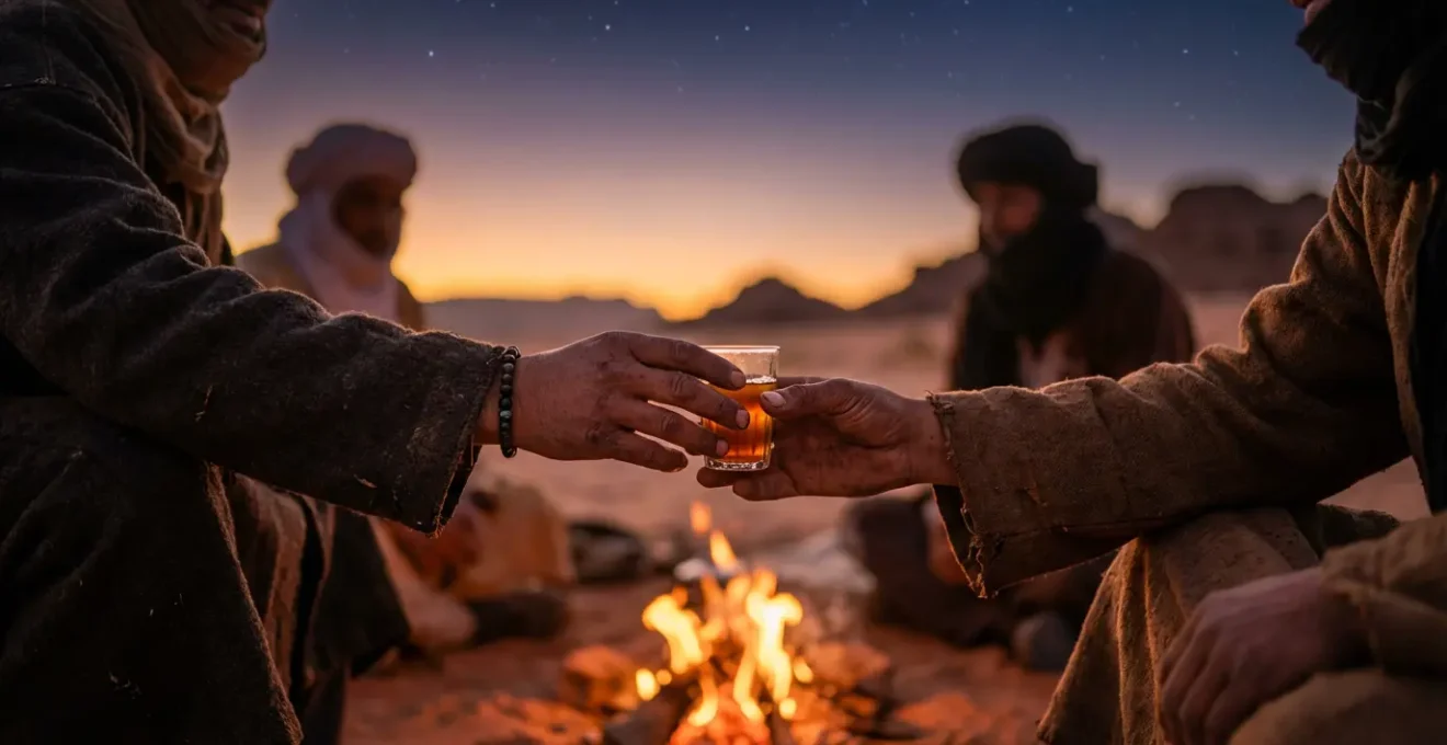 Partage d'un thé entre voyageurs et nomades autour d'un feu sous les étoiles
