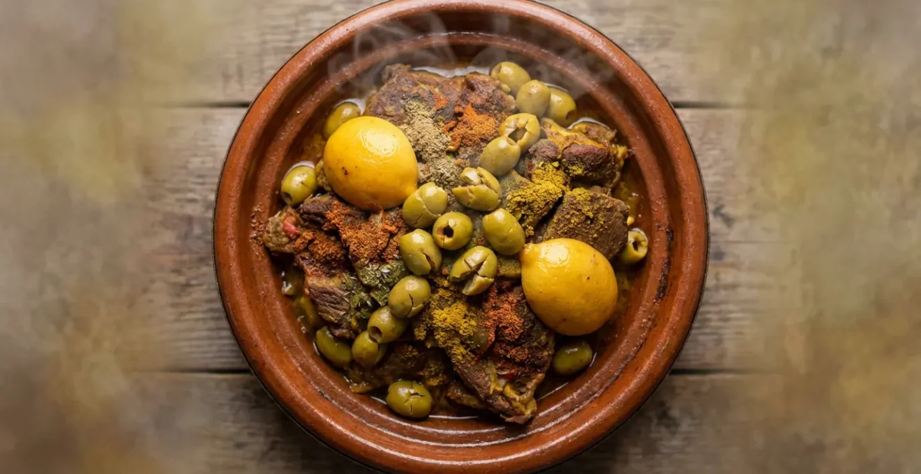 Vue macro d'un tajine fumant avec ses épices colorées et textures riches