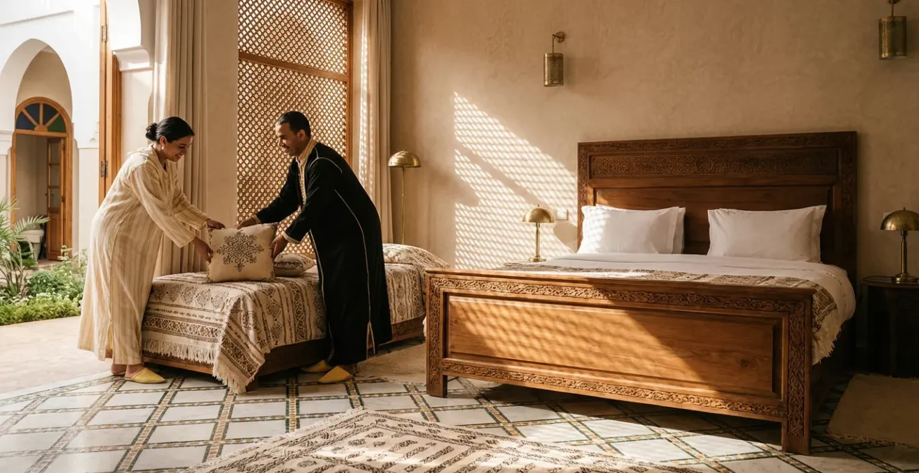 Chambre triple de riad marocain montrant la disposition des trois vrais lits avec literie traditionnelle