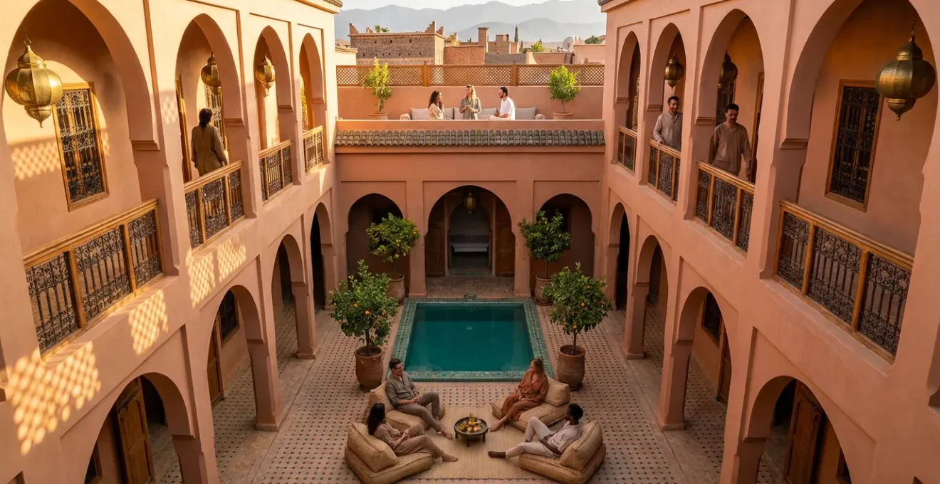 Vue aérienne d'un riad traditionnel de Marrakech avec patio central et piscine turquoise, groupe de voyageurs partageant un moment convivial