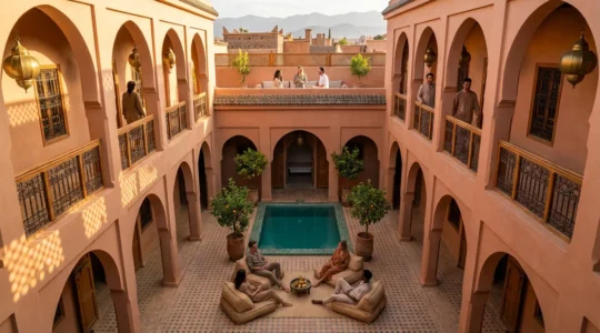 Vue aérienne d'un riad traditionnel de Marrakech avec patio central et piscine turquoise, groupe de voyageurs partageant un moment convivial