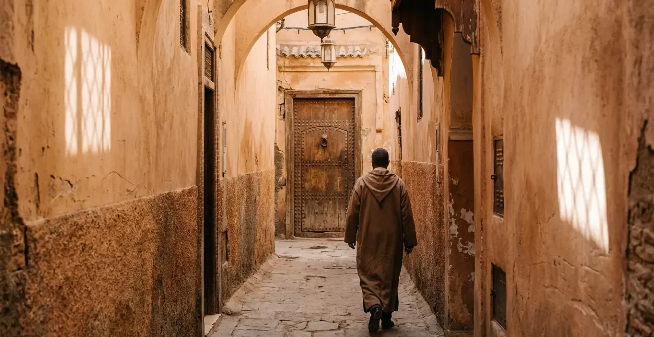 Ruelle étroite de médina marocaine avec perspective profonde menant vers une porte de dar au fond