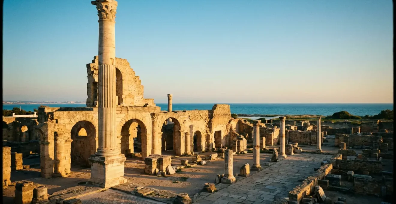 Vue panoramique des imposantes colonnes des thermes d'Antonin à Carthage au coucher du soleil