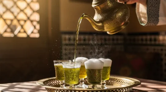 Service traditionnel du thé à la menthe marocain avec versement en hauteur créant une mousse dorée