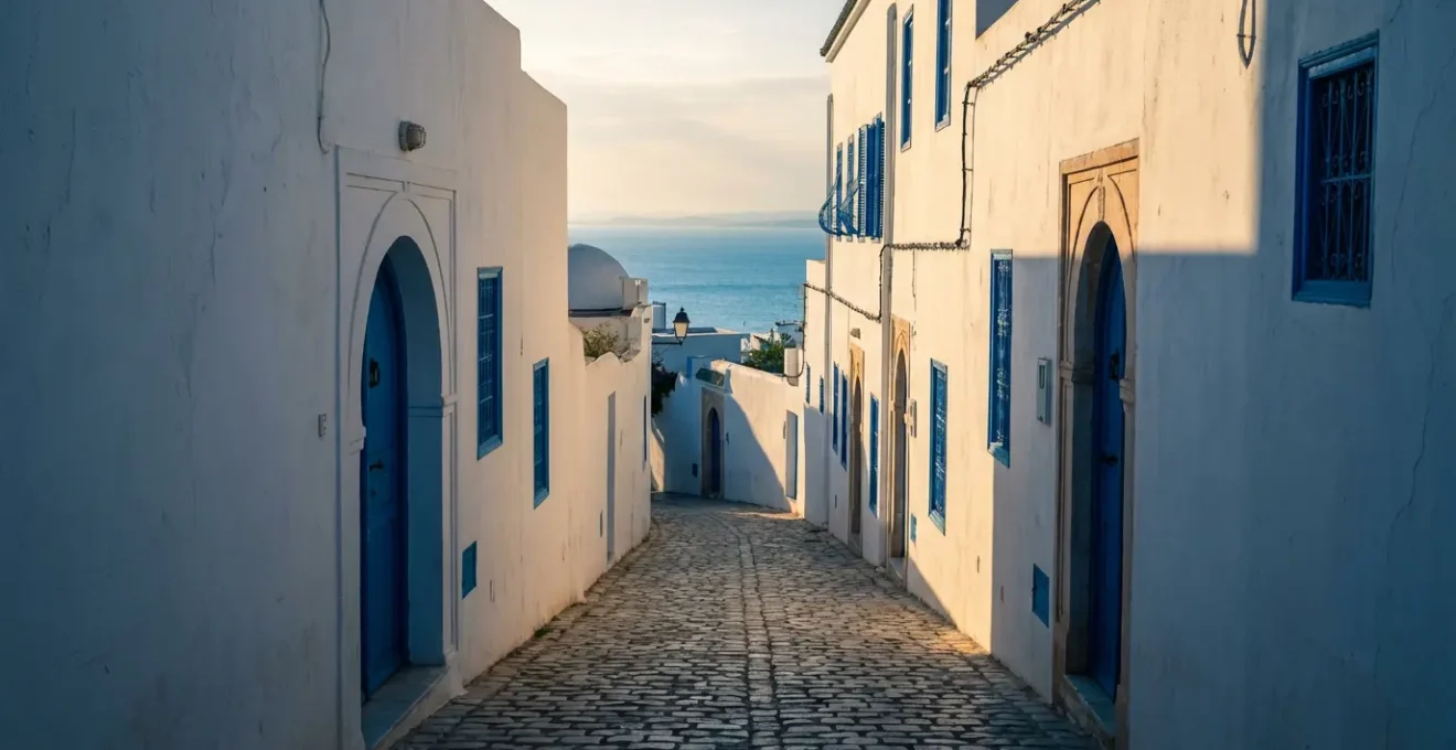 Ruelle déserte de Sidi Bou Saïd baignée par la lumière dorée du matin