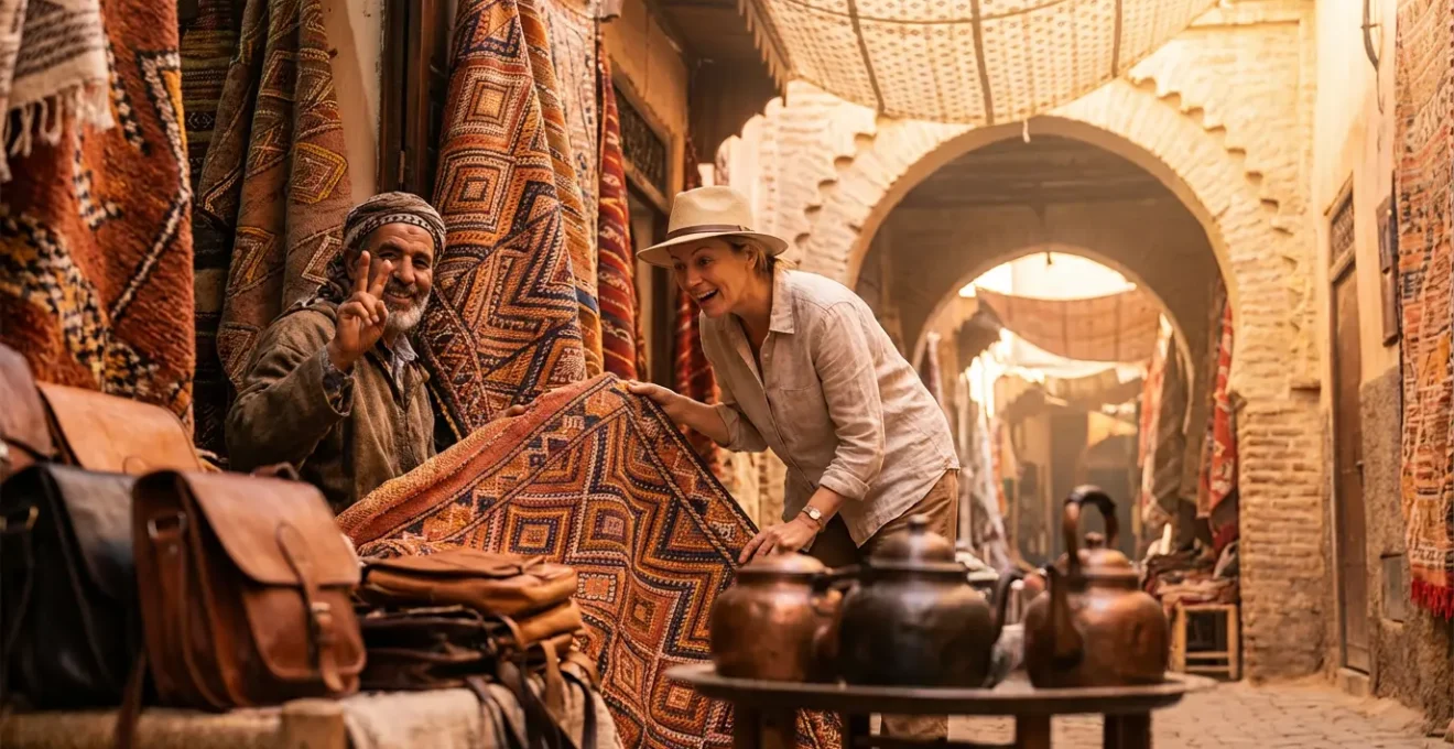Négociation entre un touriste et un artisan dans un souk maghrébin, tapis berbères colorés suspendus en arrière-plan