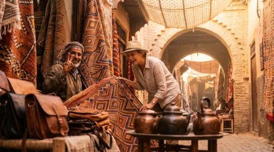 Négociation entre un touriste et un artisan dans un souk maghrébin, tapis berbères colorés suspendus en arrière-plan