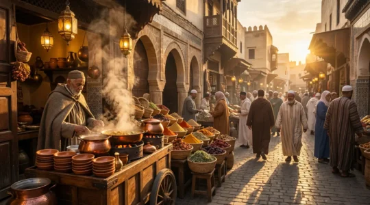 Vendeur de nourriture de rue au Maghreb avec escargots et sandwichs