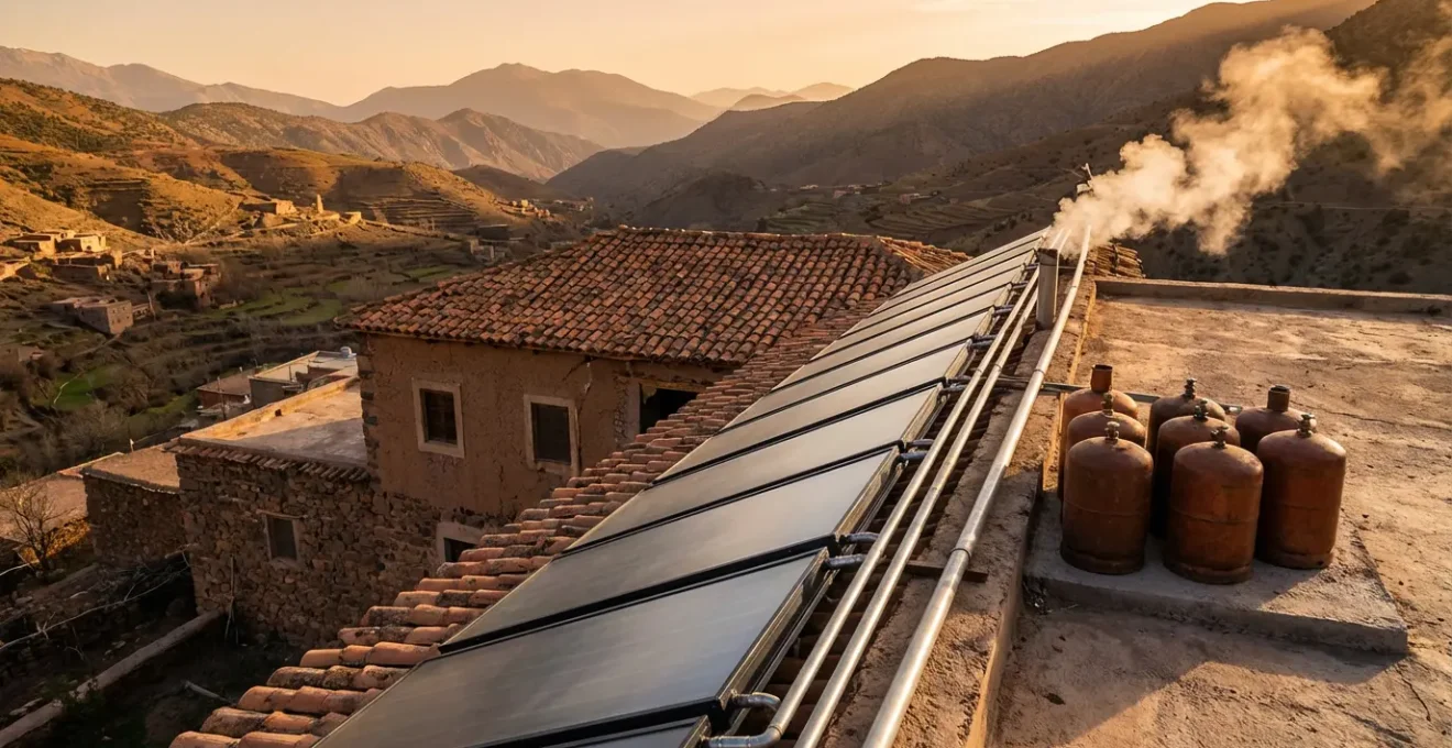 Installation hybride de chauffe-eau solaire avec système de secours au gaz sur toit de montagne