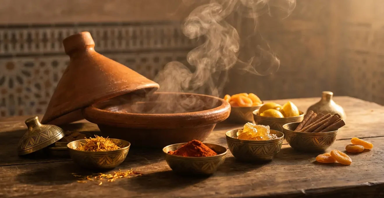 Mosaïque d'épices du Maghreb avec safran doré et tajine traditionnel