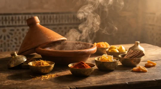 Mosaïque d'épices du Maghreb avec safran doré et tajine traditionnel