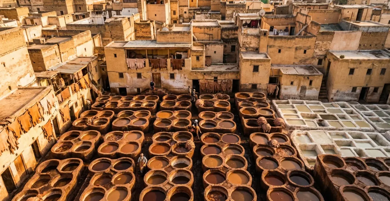 Vue aérienne des bassins colorés de la tannerie Chouara de Fès au coucher du soleil