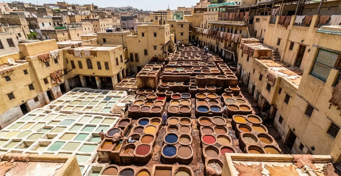 Vue plongeante sur les cuves colorées des tanneries de Fès, artisans au travail