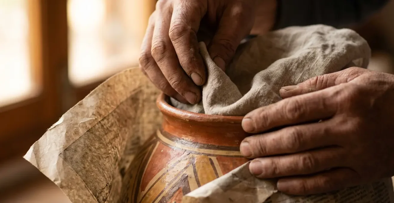 Mains d'artisan emballant délicatement une poterie berbère dans du papier et du tissu