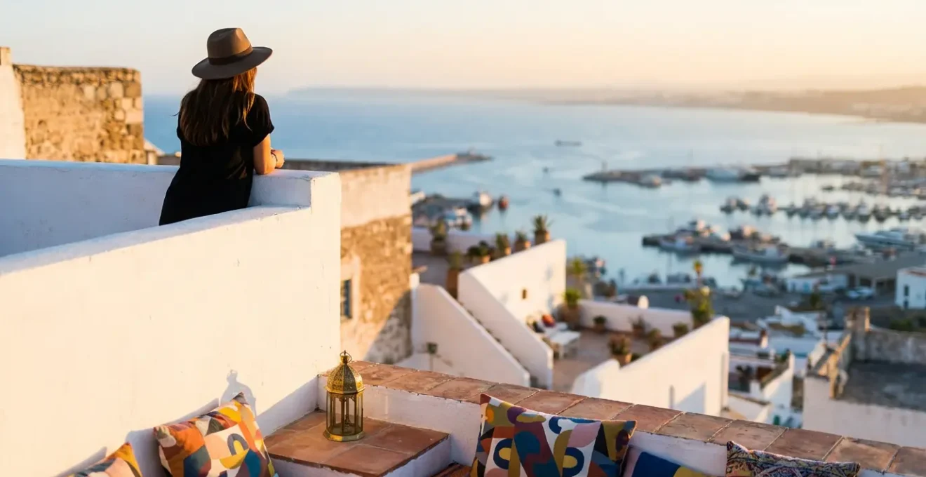 Vue depuis une terrasse de la Casbah sur la baie d'Alger au coucher du soleil