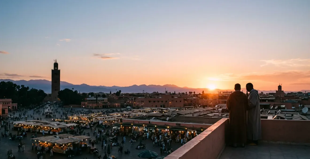 Vue depuis une terrasse sur la place Jemaa el-Fna au coucher du soleil